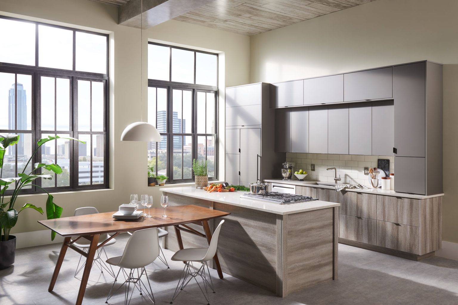 An open concept kitchen basking in natural light.