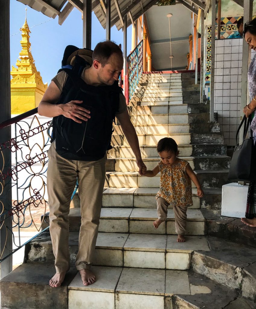 Wee Ling Soh's husband and daughter walking down the stairs.