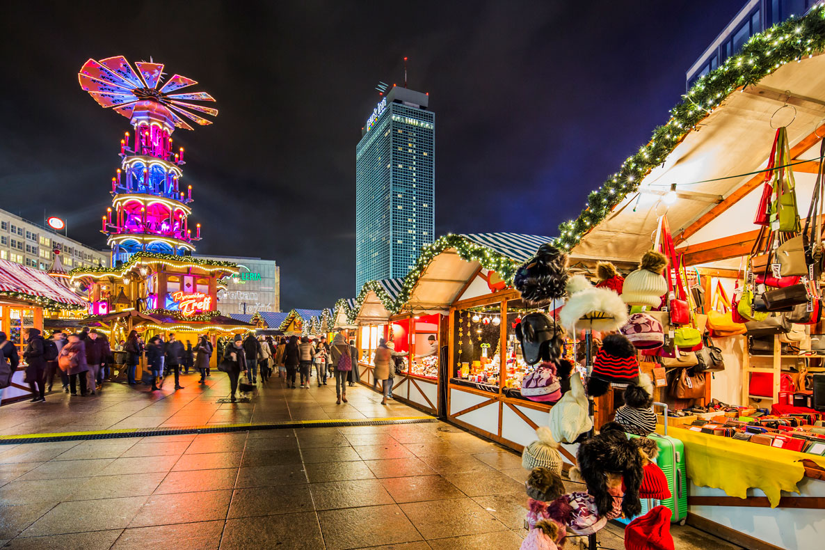 People shopping at a Christmas market.