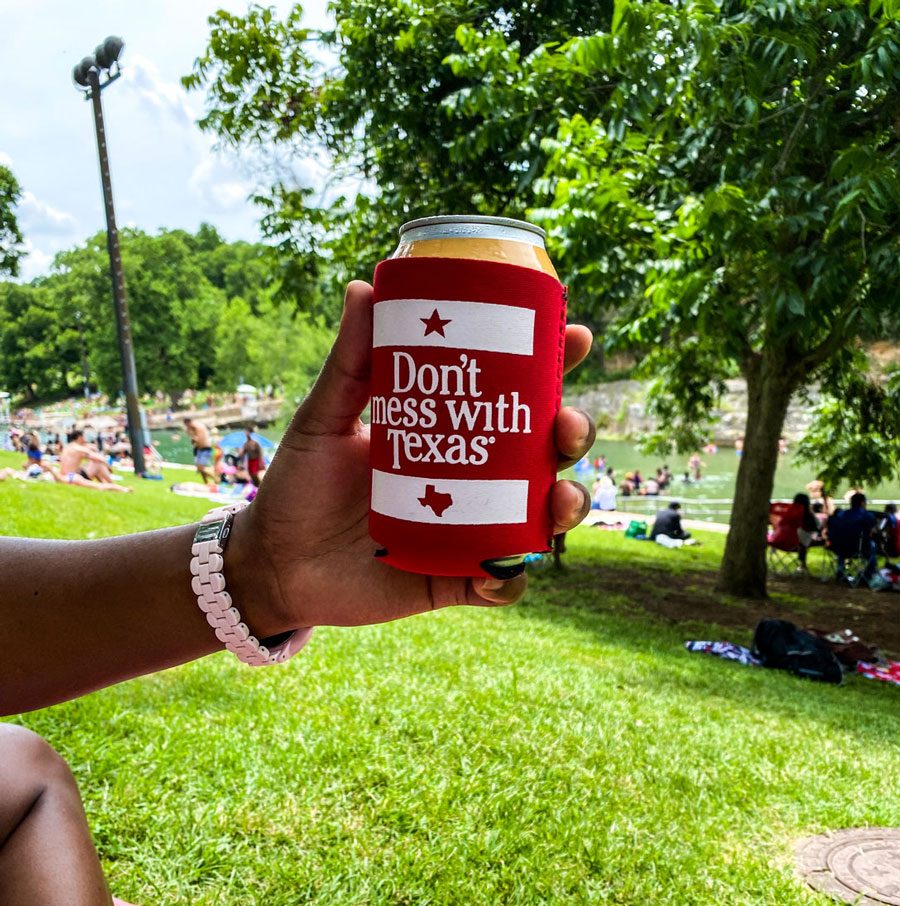 Don't mess with Texas printed on a koozie.