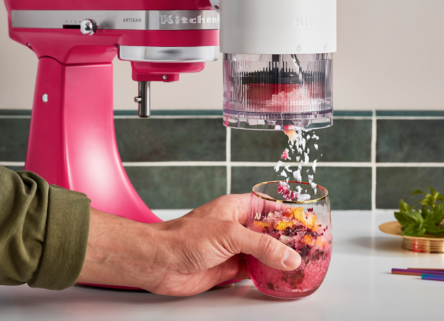 A ice shaver KitchenAid® Stand Mixer attachment on the 2023 Color of the Year Stand Mixer.