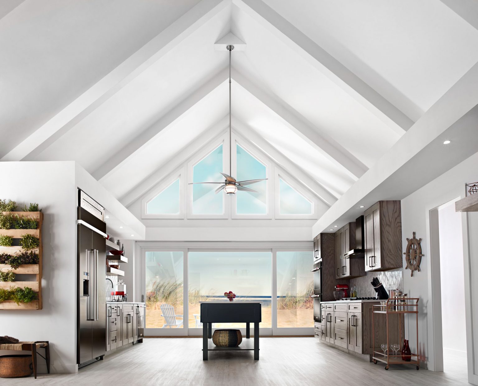 A large kitchen in a boldly architectural home.