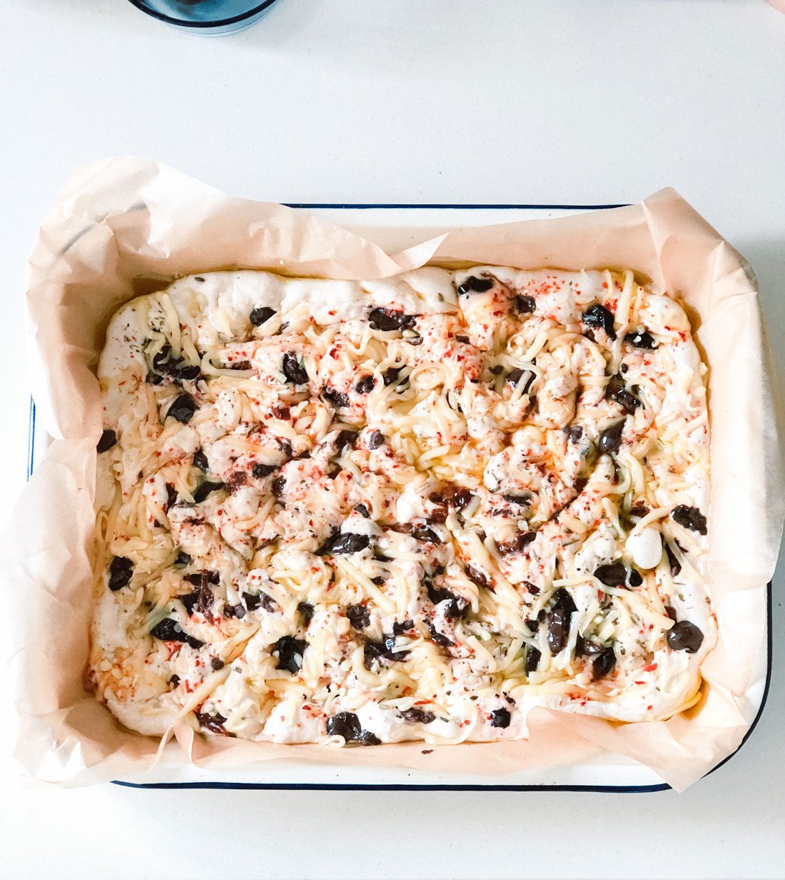Focaccia bread ready for the oven.