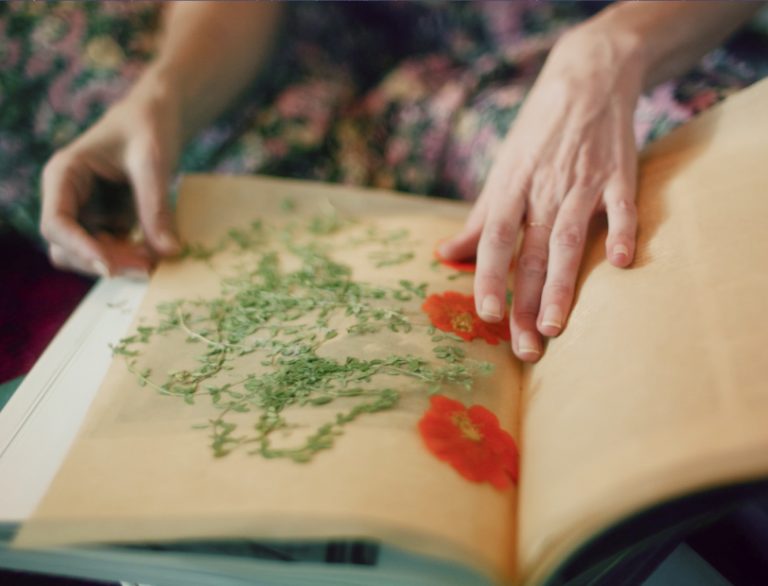Loria Stern pressing flowers with a book.