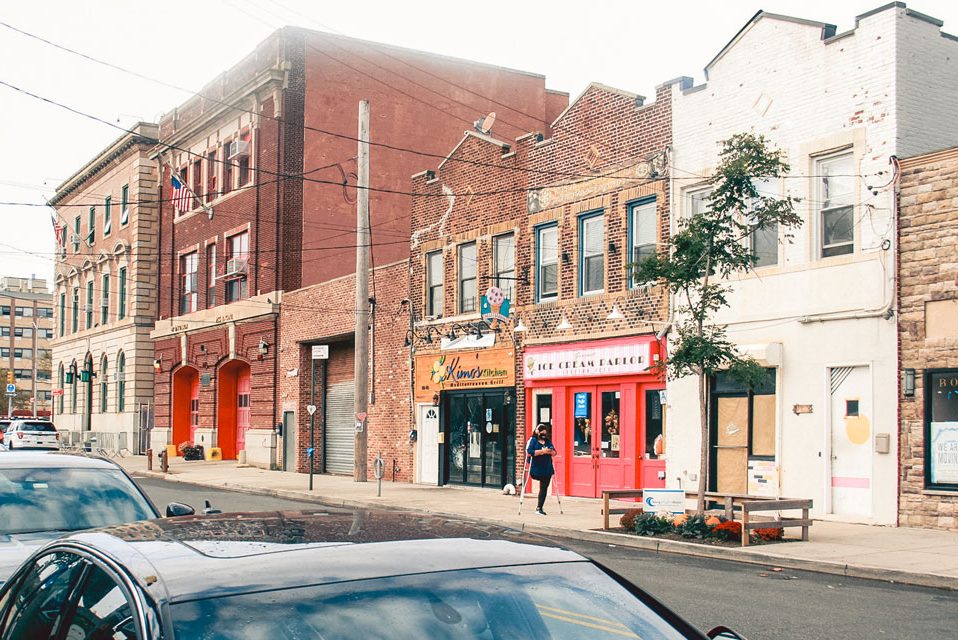 Older brick buildings in a downtown.