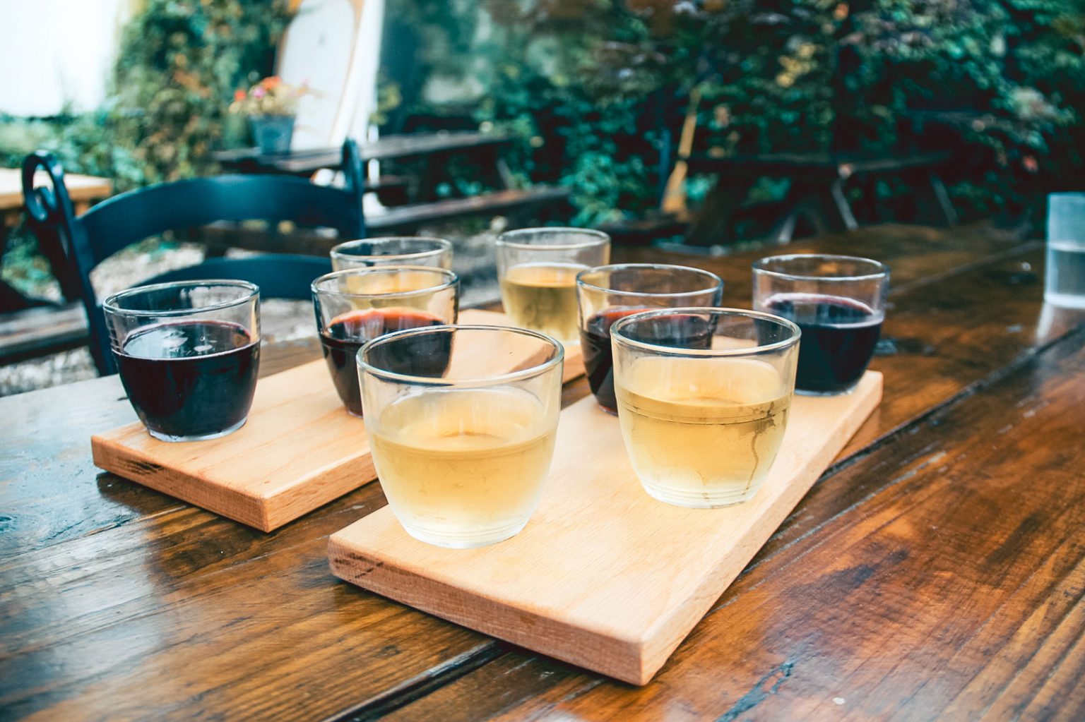 Multiple glasses of wine in a sampler.