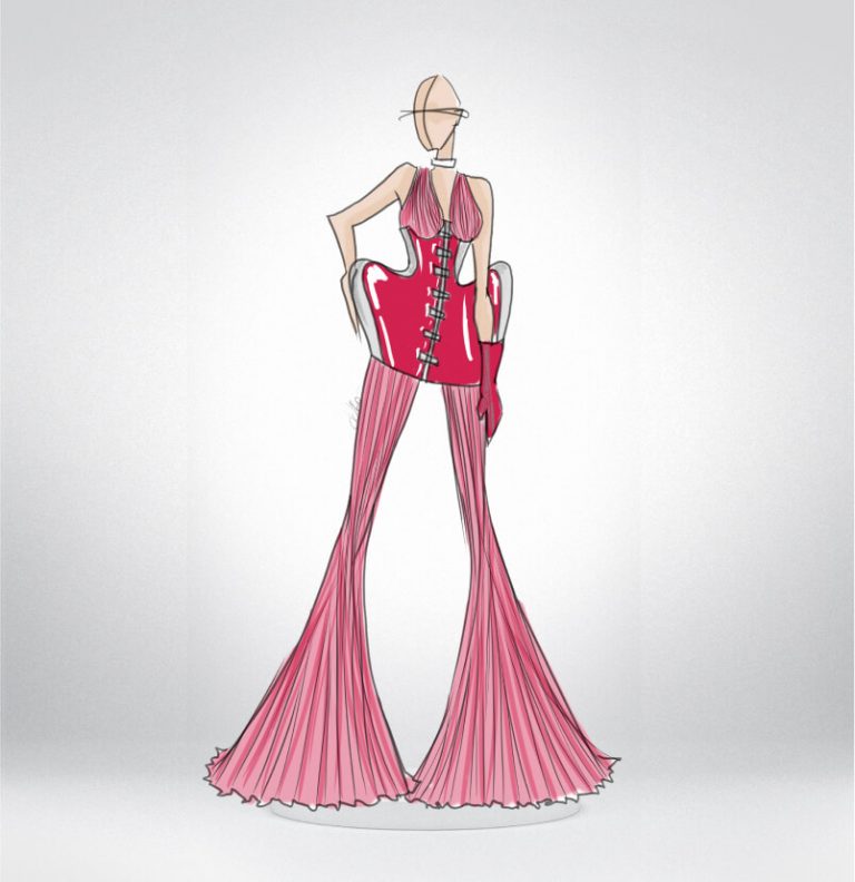 A sketch of one of Marta Del Rio’s Hibiscus Collection looks.