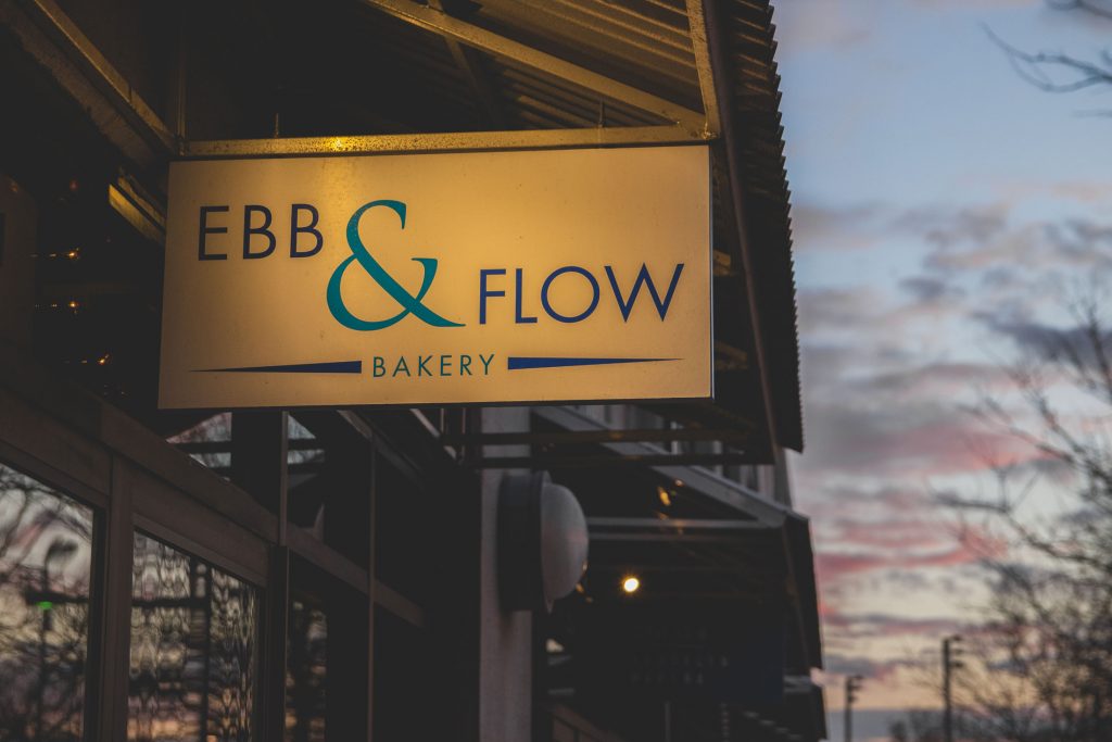 The sign for Ebb & Flow Bakery.