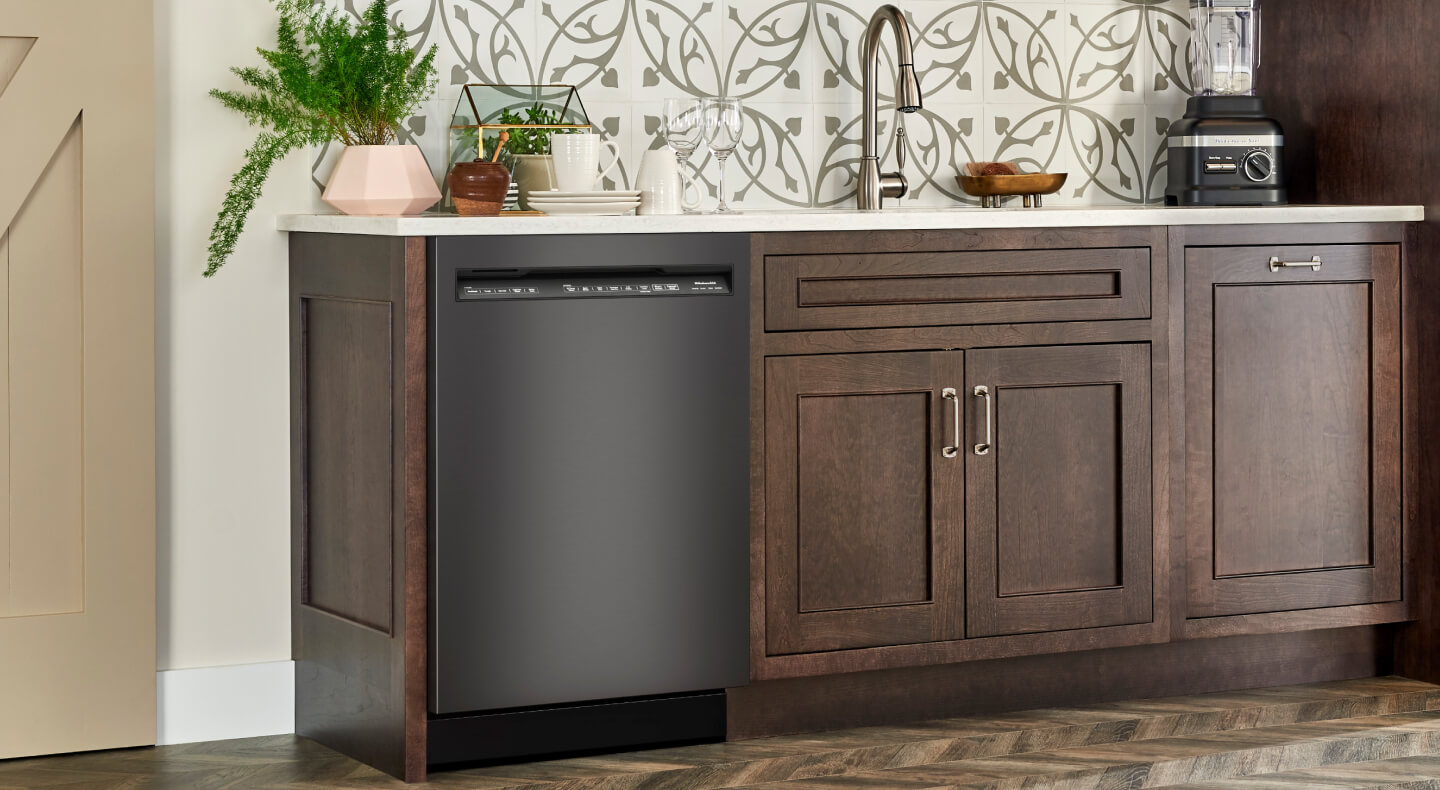 Black front control dishwasher in a modern kitchen