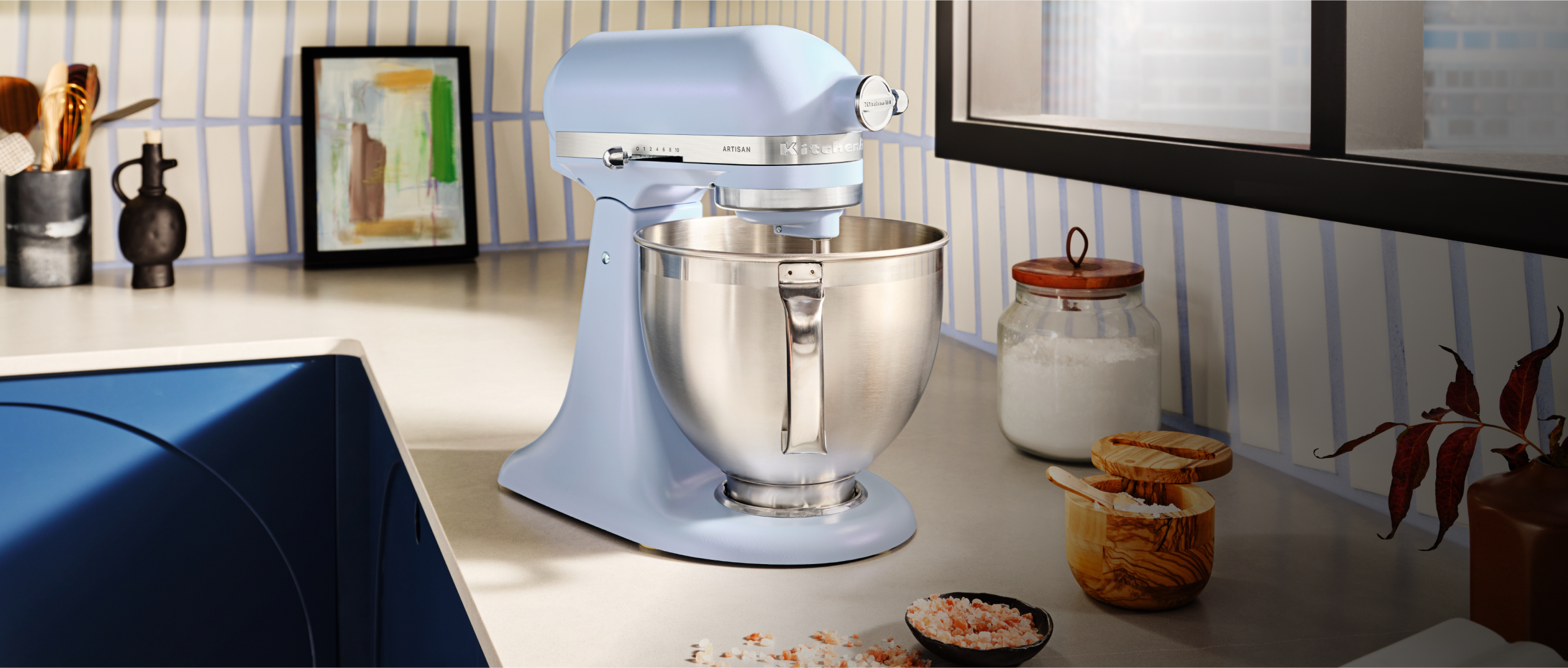An Artisan® Series Stand Mixer in Blue Salt.