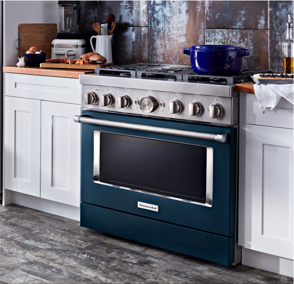 A 36" Smart Commercial-Style Dual Fuel Range with 6 Burners in Ink Blue.