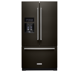 A French Door Refrigerator w/ Exterior Ice and Water In Black Stainless.