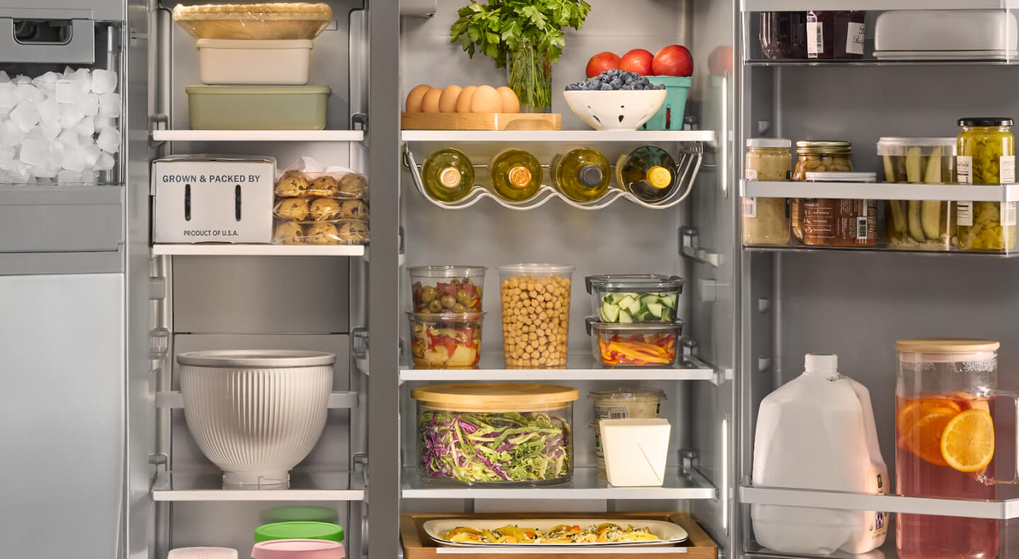 A closeup of a very organized refrigerator