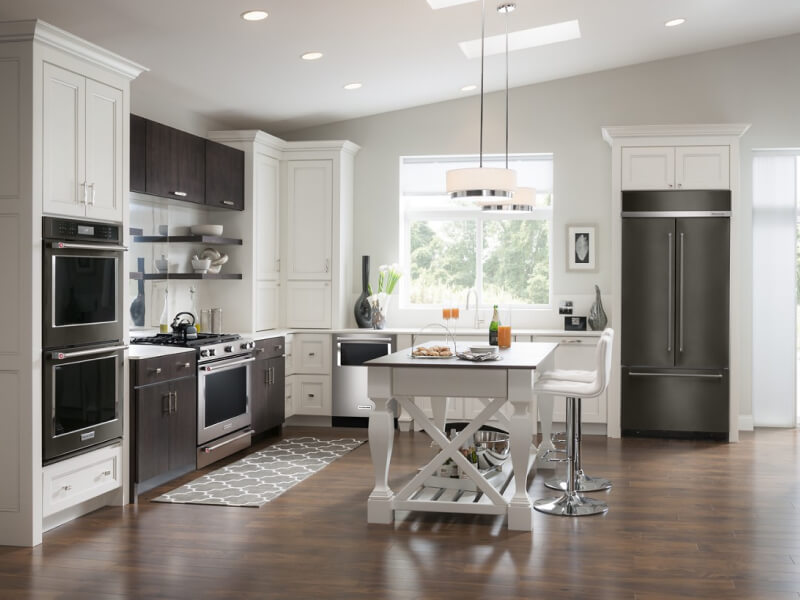Modern kitchen with black stainless and stainless steel KitchenAid® appliances