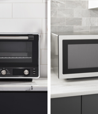Side-by-side images of toaster oven and microwave