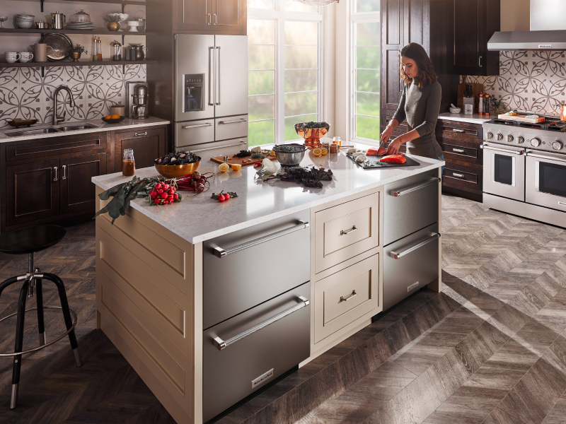 Kitchen island with undercounter refrigeration