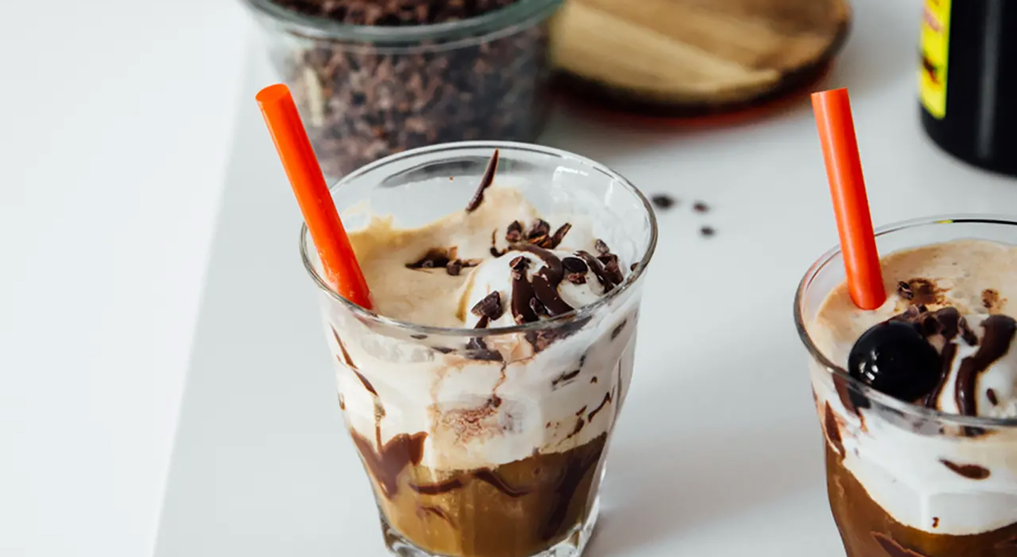 Homemade frappe topped with chocolate sauce Homemade frappe topped with chocolate sauce
