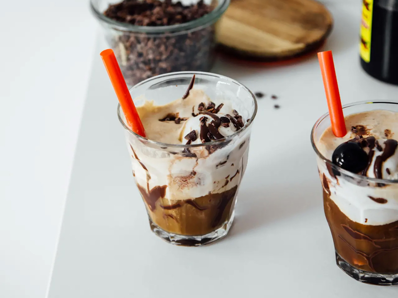 Homemade frappe topped with chocolate sauce Homemade frappe topped with chocolate sauce