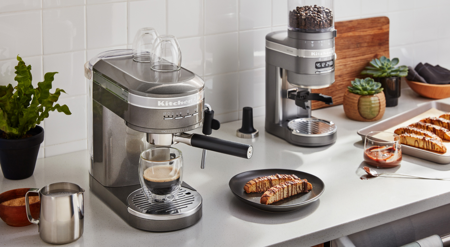 KitchenAid® espresso maker next to homemade biscotti KitchenAid® espresso maker next to homemade biscotti