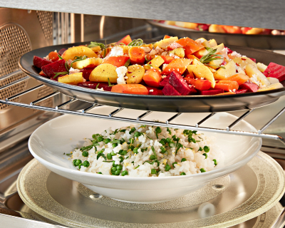 Cooked dishes on multiple racks