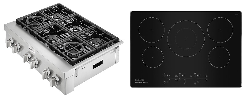 A side-view of a stainless steel KitchenAid® rangetop. A top-view of a black KitchenAid® cooktop A side-view of a stainless steel KitchenAid® rangetop. A top-view of a black KitchenAid® cooktop