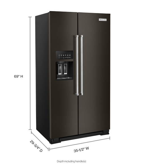 Black stainless KitchenAid® side-by-side refrigerator with dimensions indicators Black stainless KitchenAid® side-by-side refrigerator with dimensions indicators
