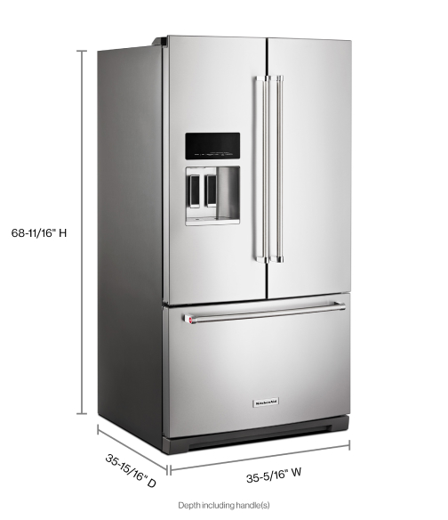 Stainless steel KitchenAid® French door refrigerator with dimension indicators Stainless steel KitchenAid® French door refrigerator with dimension indicators