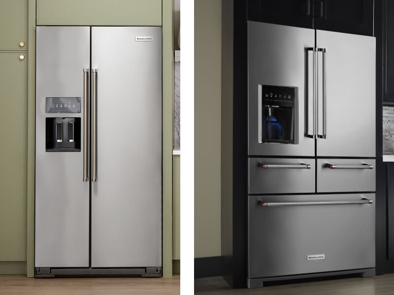 Split image of KitchenAid® counter-depth side-by-side refrigerator and KitchenAid® standard-depth French door refrigerator