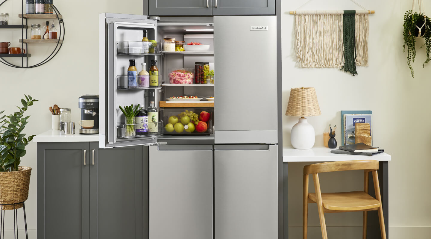 KitchenAid® 4-door refrigerator with upper left door open