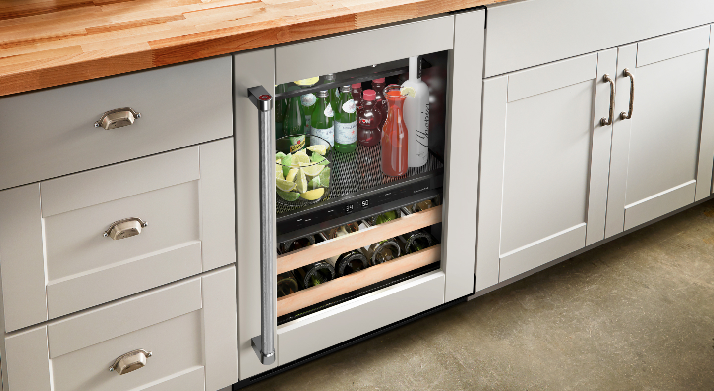 Panel ready beverage center stocked with drinks