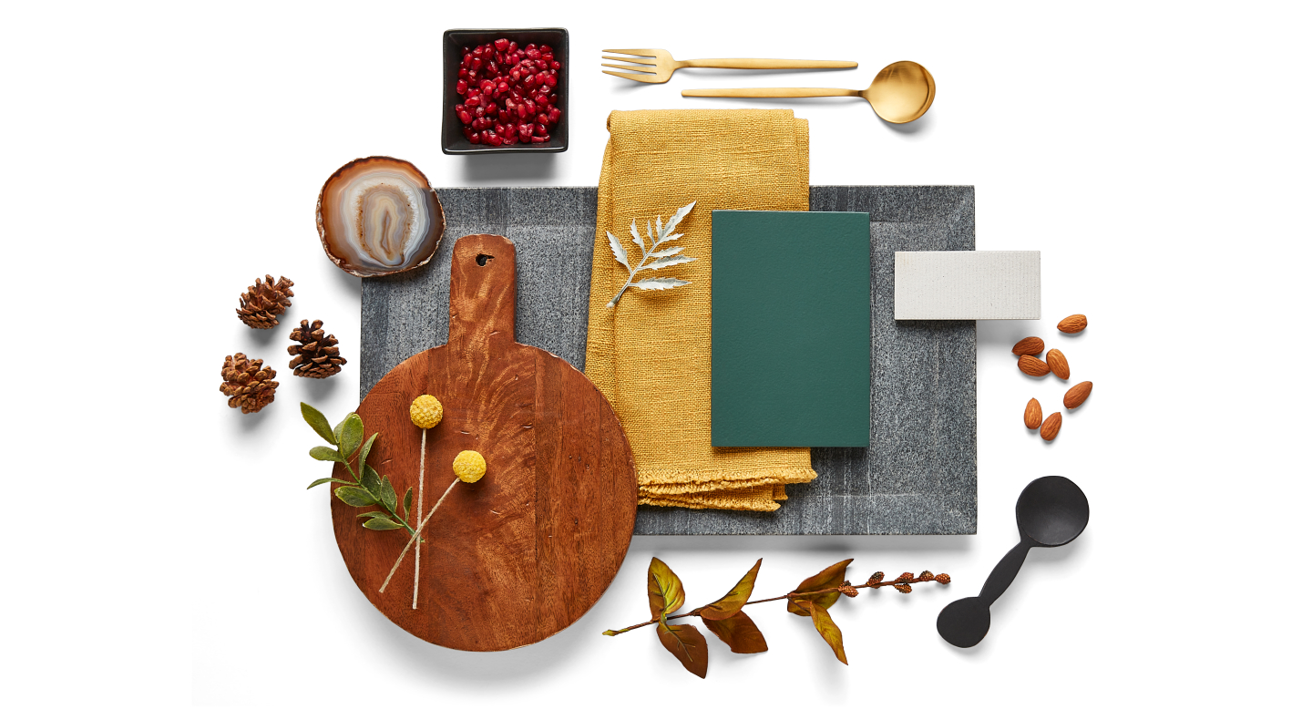 Table linens, utensils and objects from nature in earthy colors Table linens, utensils and objects from nature in earthy colors