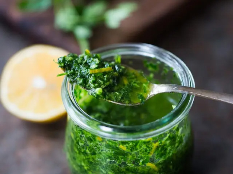 Lemon peels within gremolata.
