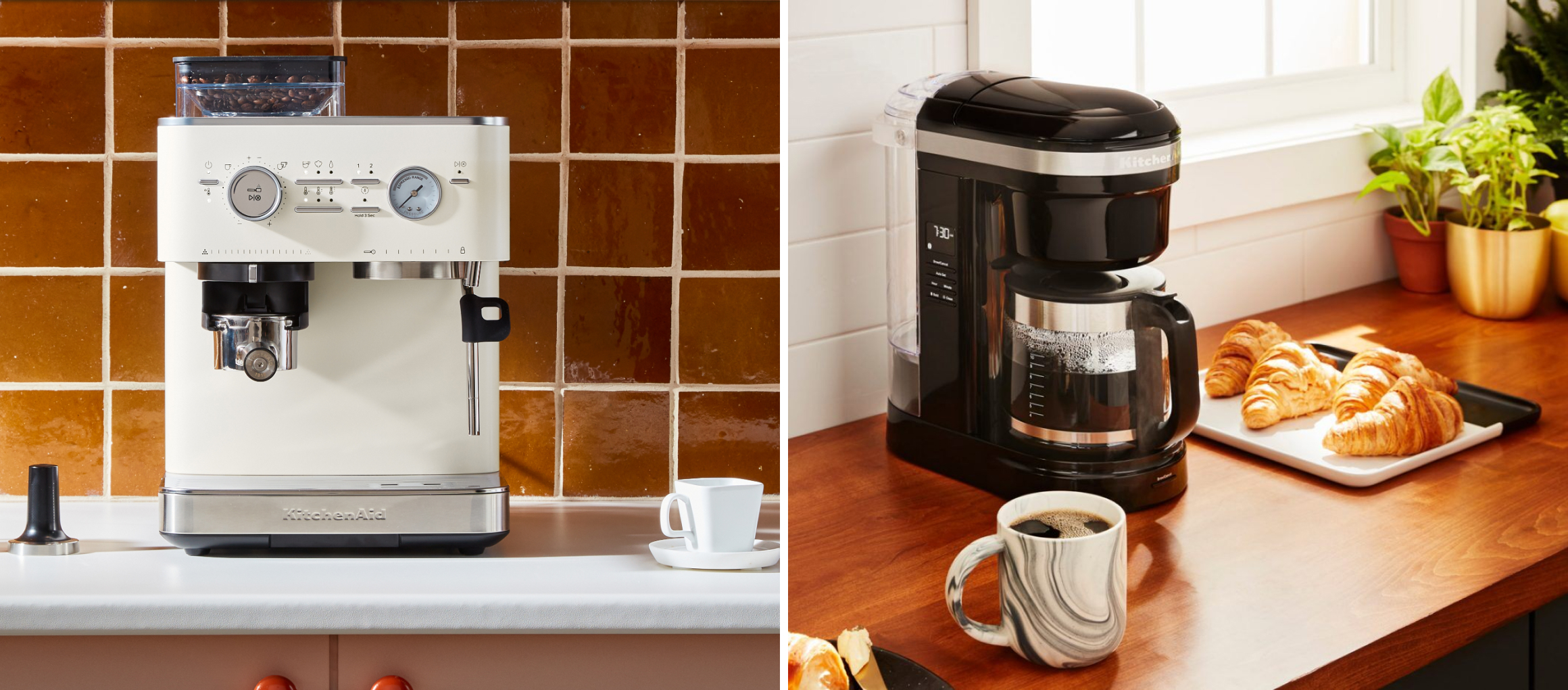 Side-by-side images of a KitchenAid® espresso maker and drip coffee maker