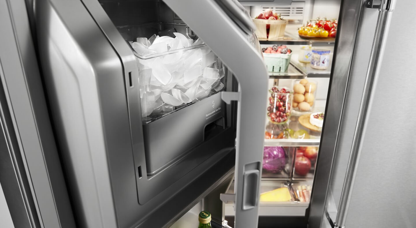 The interior of a fridge, showing the ice maker