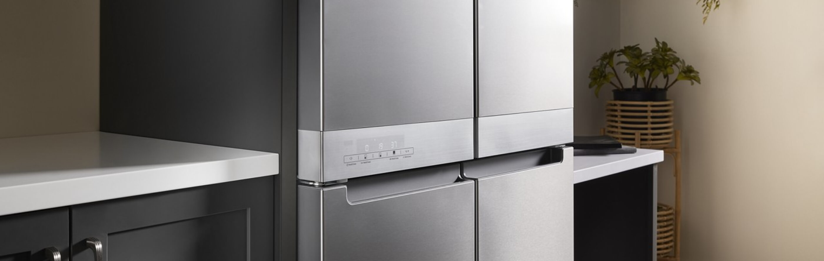 A stainless steel, 4-door refrigerator