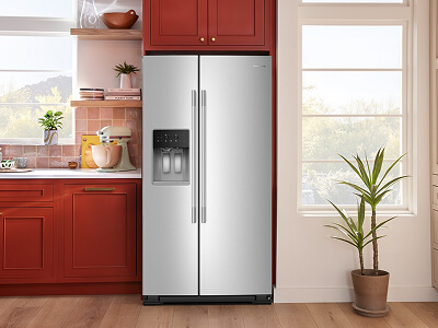 A counter-depth refrigerator built in to brown cabinetry