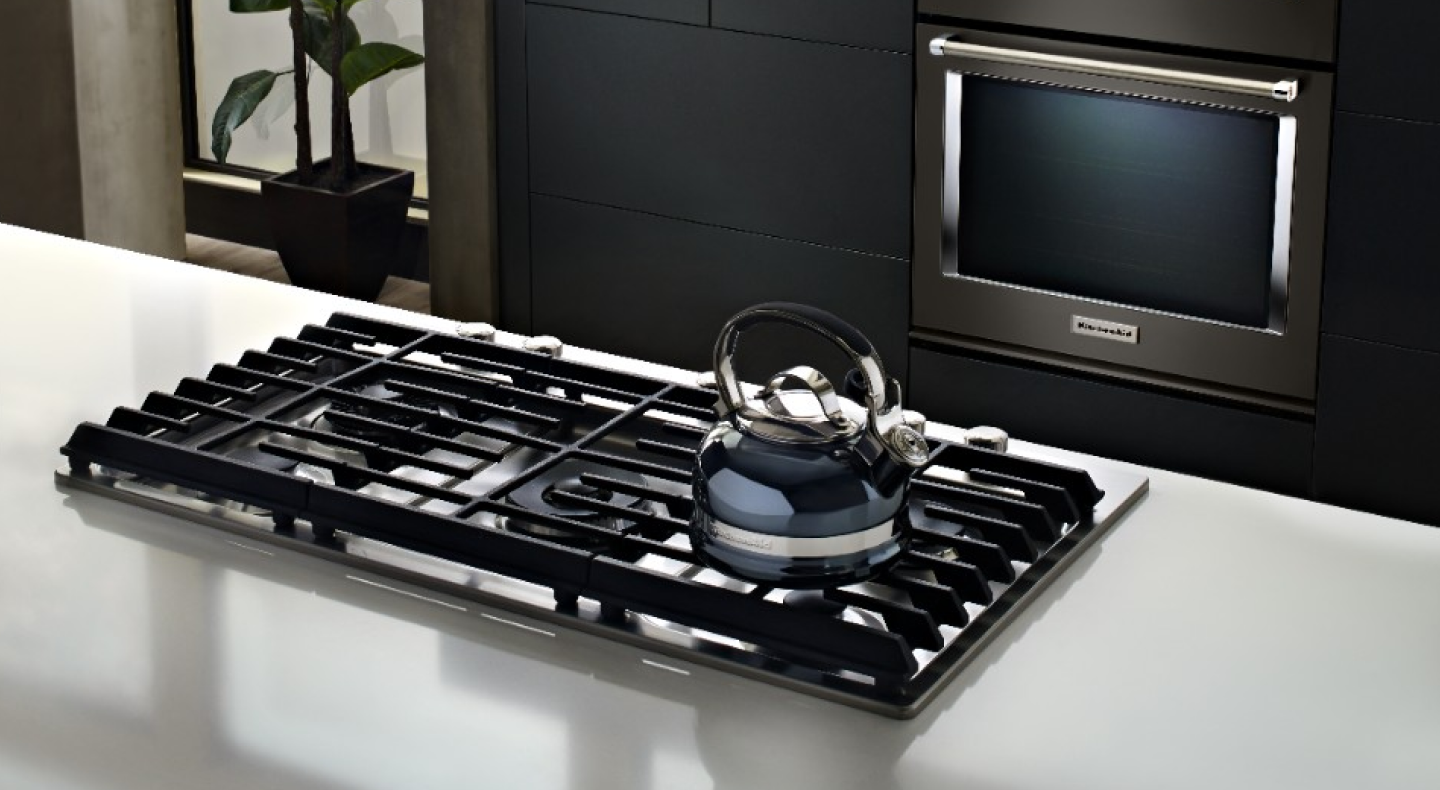 Tea kettle on a gas cooktop