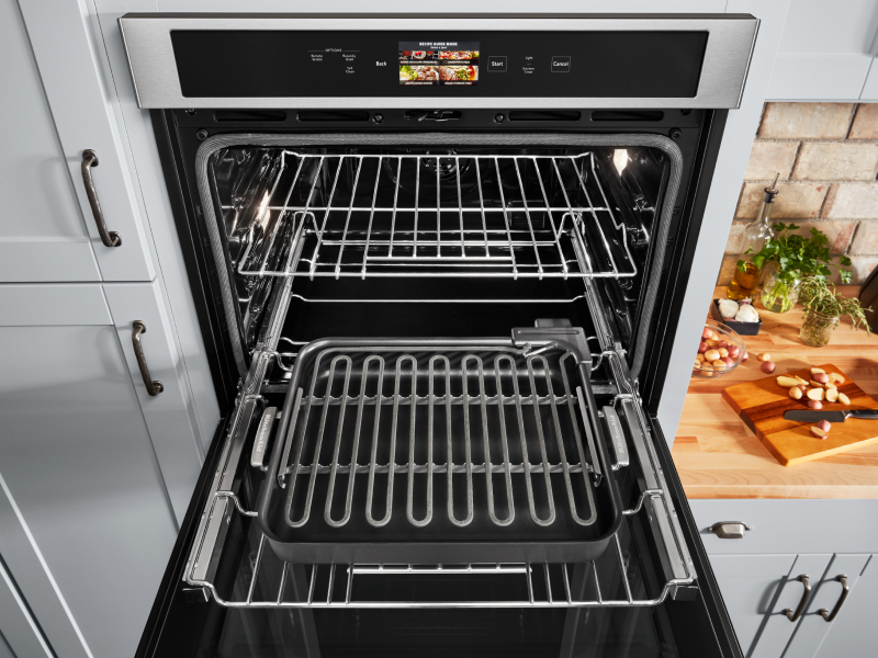 A pulled-out oven rack