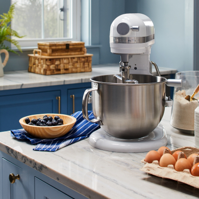 KitchenAid® stand mixer next to eggs and blueberries