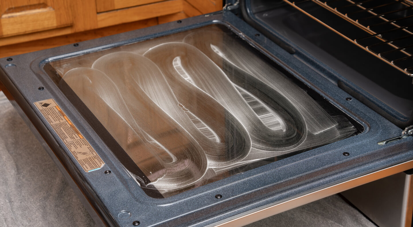 Oven door glass from the inside with a cleaning mixture spread all over it Oven door glass from the inside with a cleaning mixture spread all over it