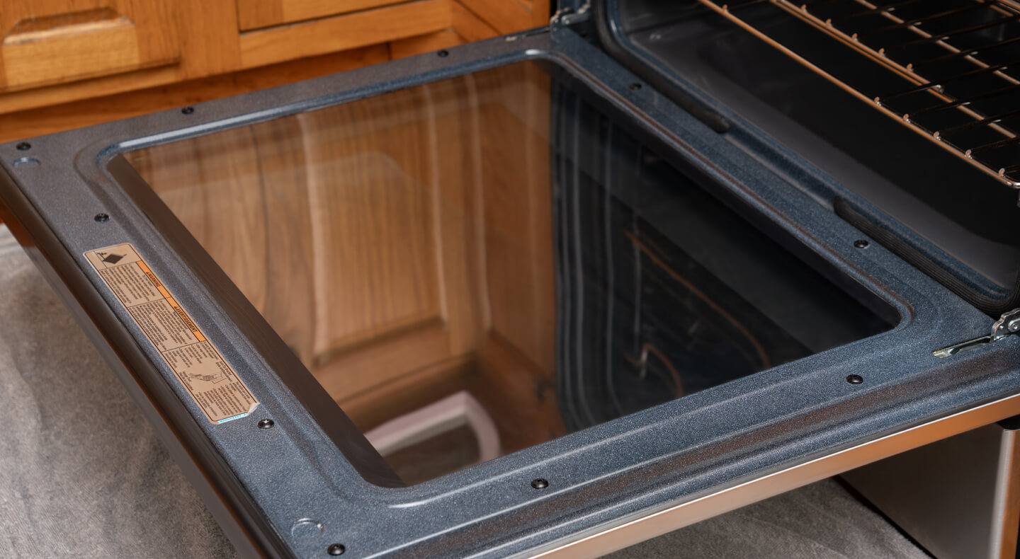 The finished product; clean oven door glass shown from the inside The finished product; clean oven door glass shown from the inside