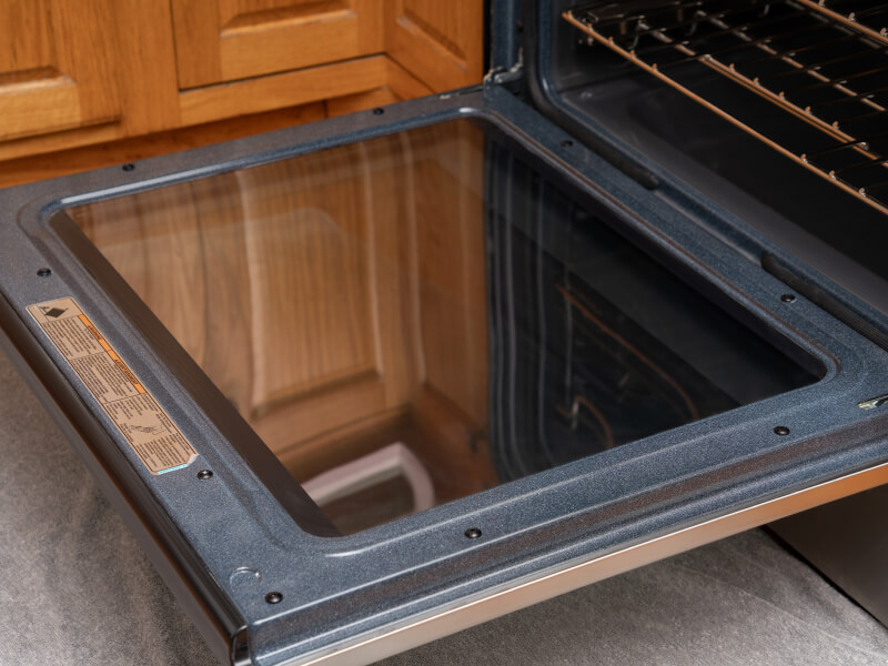 The finished product; clean oven door glass shown from the inside The finished product; clean oven door glass shown from the inside
