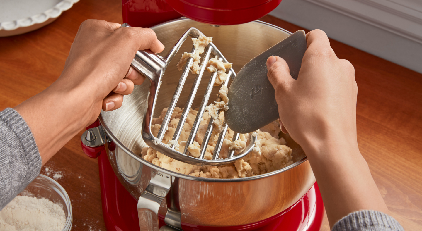 Black KitchenAid® Stand Mixer tilted up with pastry blender attachment  Black KitchenAid® Stand Mixer tilted up with pastry blender attachment