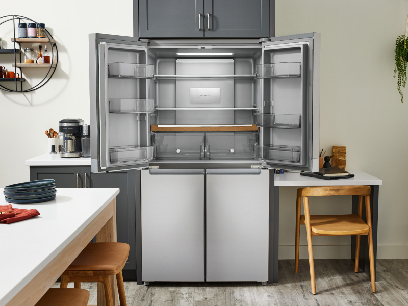 A KitchenAid® refrigerator in a modern kitchen.