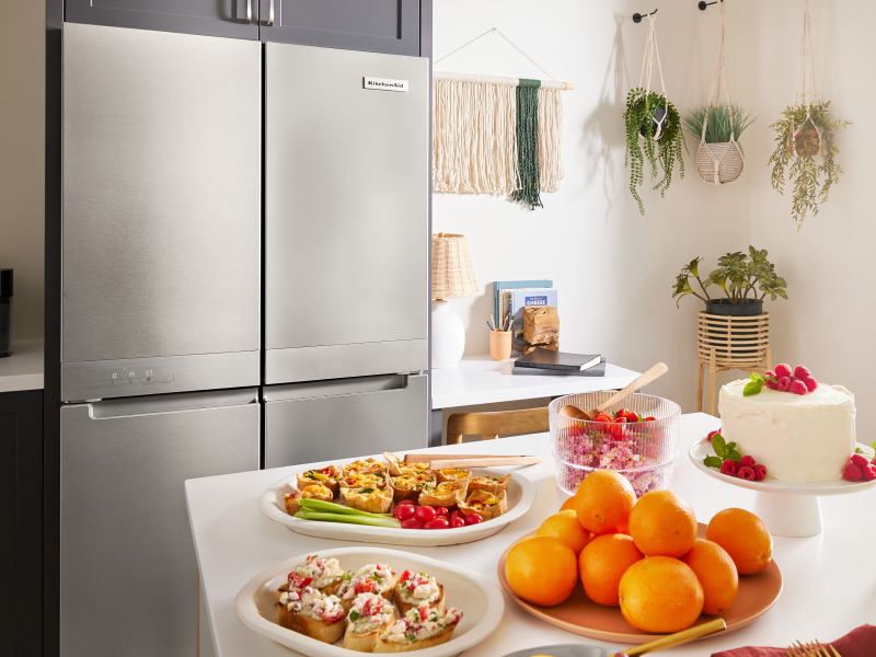 A KitchenAid® refrigerator in a modern kitchen. A KitchenAid® refrigerator in a modern kitchen.