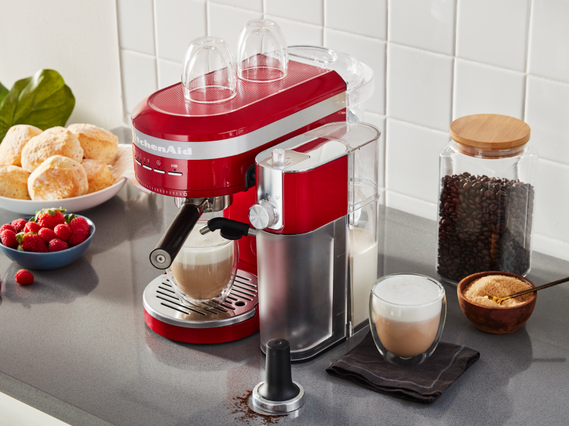 KitchenAid® Semi-Automatic Espresso Machine with homemade lattes on countertop KitchenAid® Semi-Automatic Espresso Machine with homemade lattes on countertop