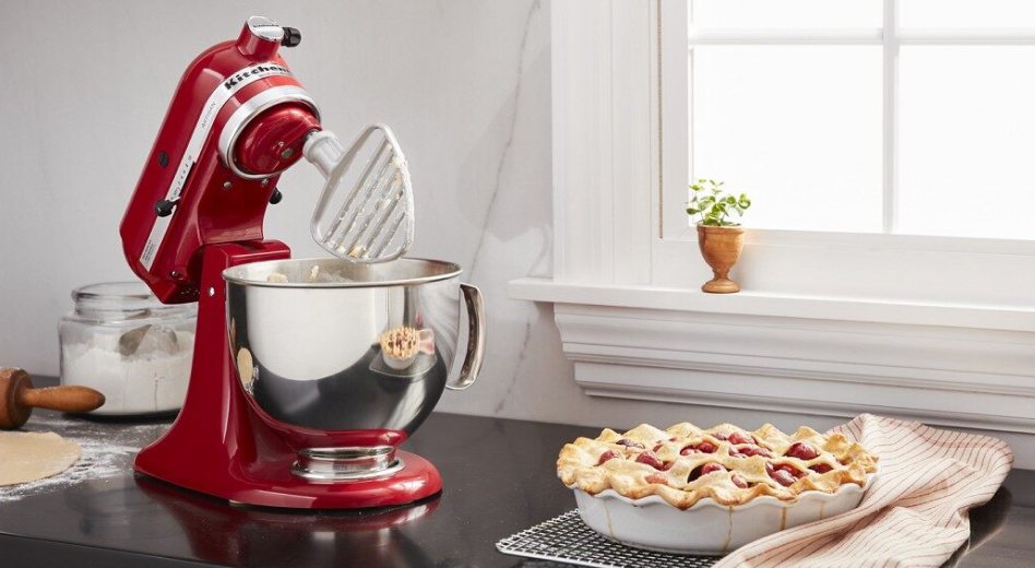 Lattice pie crust next to stand mixer on counter Lattice pie crust next to stand mixer on counter
