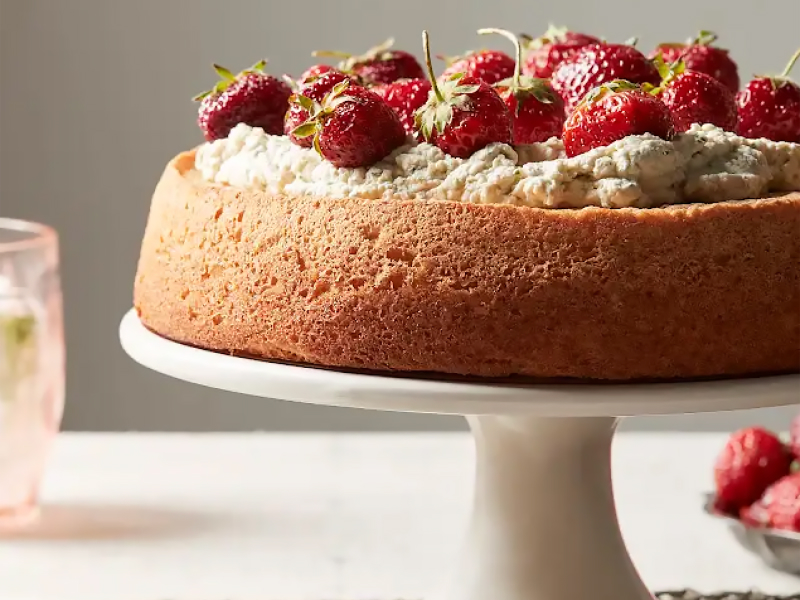 Chiffon cake with strawberries on top Chiffon cake with strawberries on top