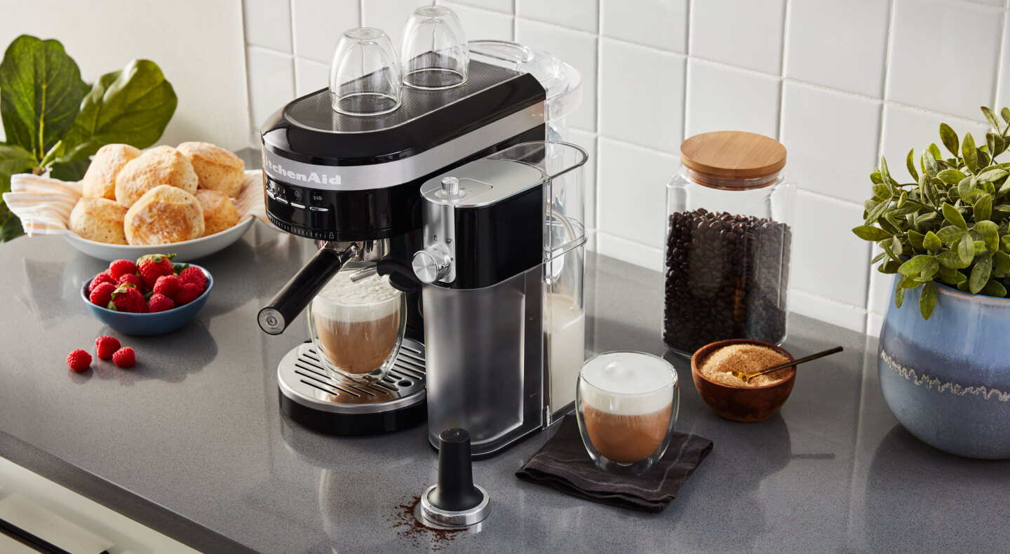 KitchenAid® semi-automatic espresso machine brewing espresso