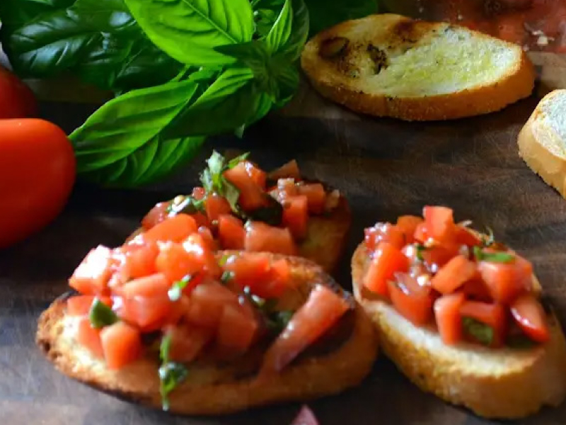 Freshly prepared bruschetta.